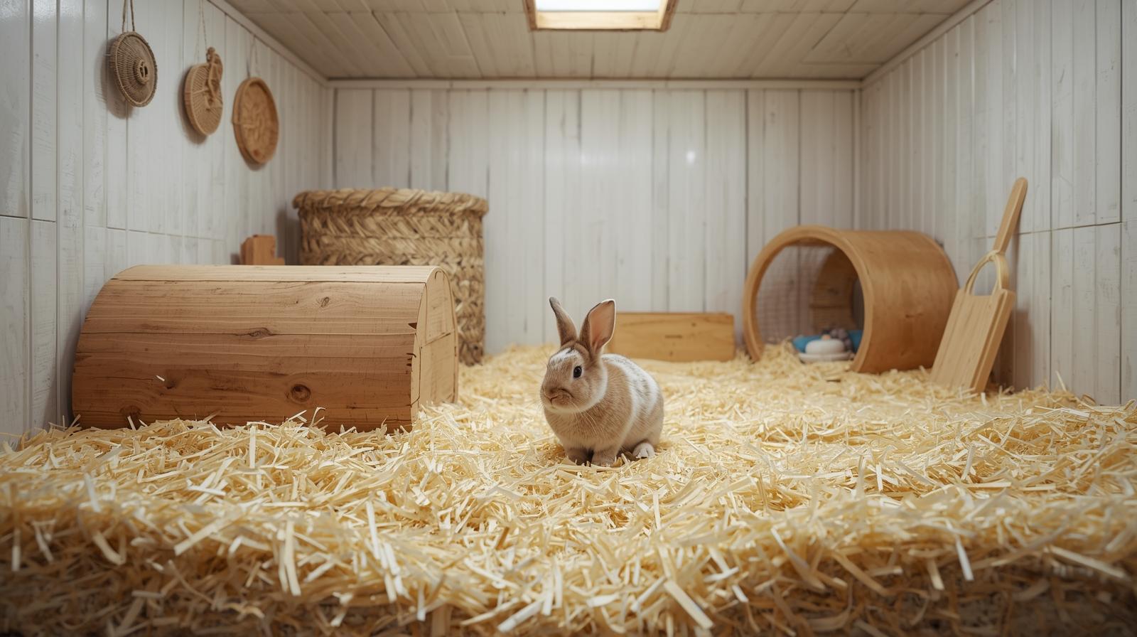 Habitat adapté pour lapin nain avec enclos spacieux, litière propre et espace sécurisé