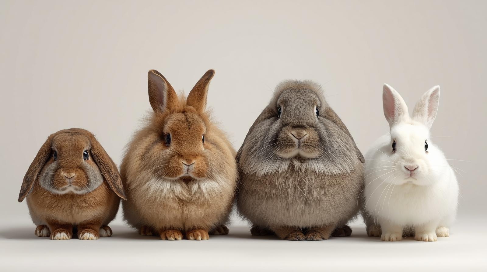 Différentes variétés de lapins nains : bélier, tête de lion, angora et lapin nain classique