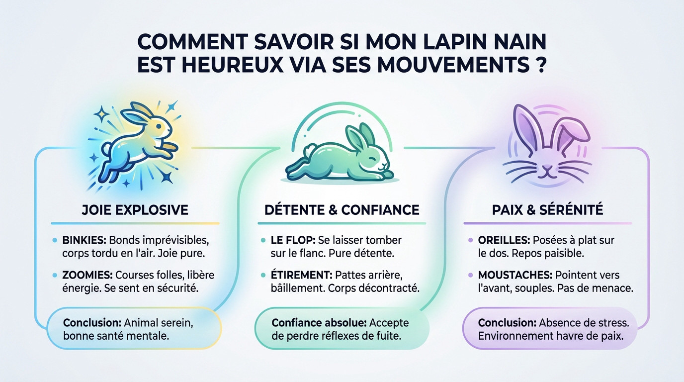 Lapin nain faisant un bond de joie appelé binkie dans un salon sécurisé