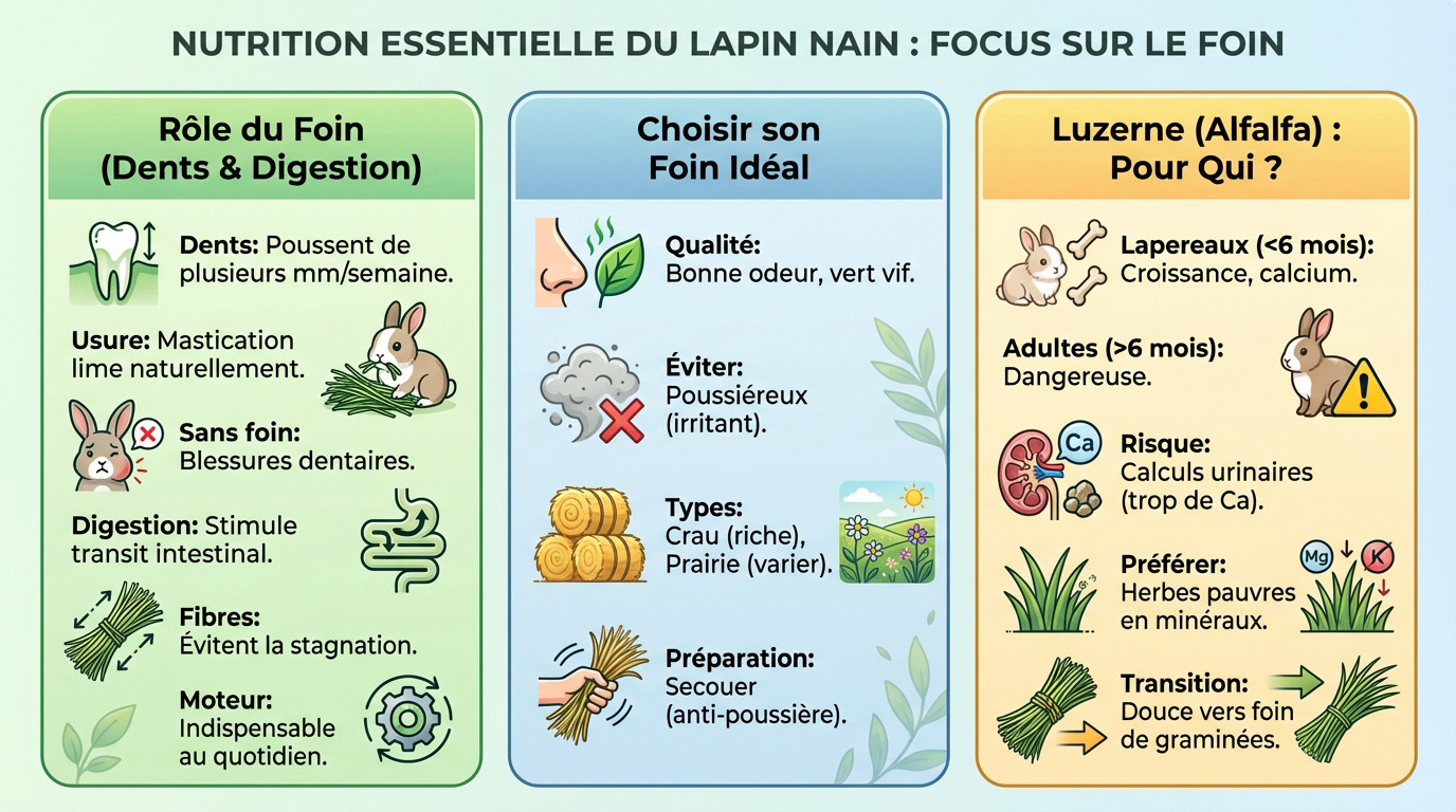 Lapin nain consommant du foin vert pour son usure dentaire et son transit